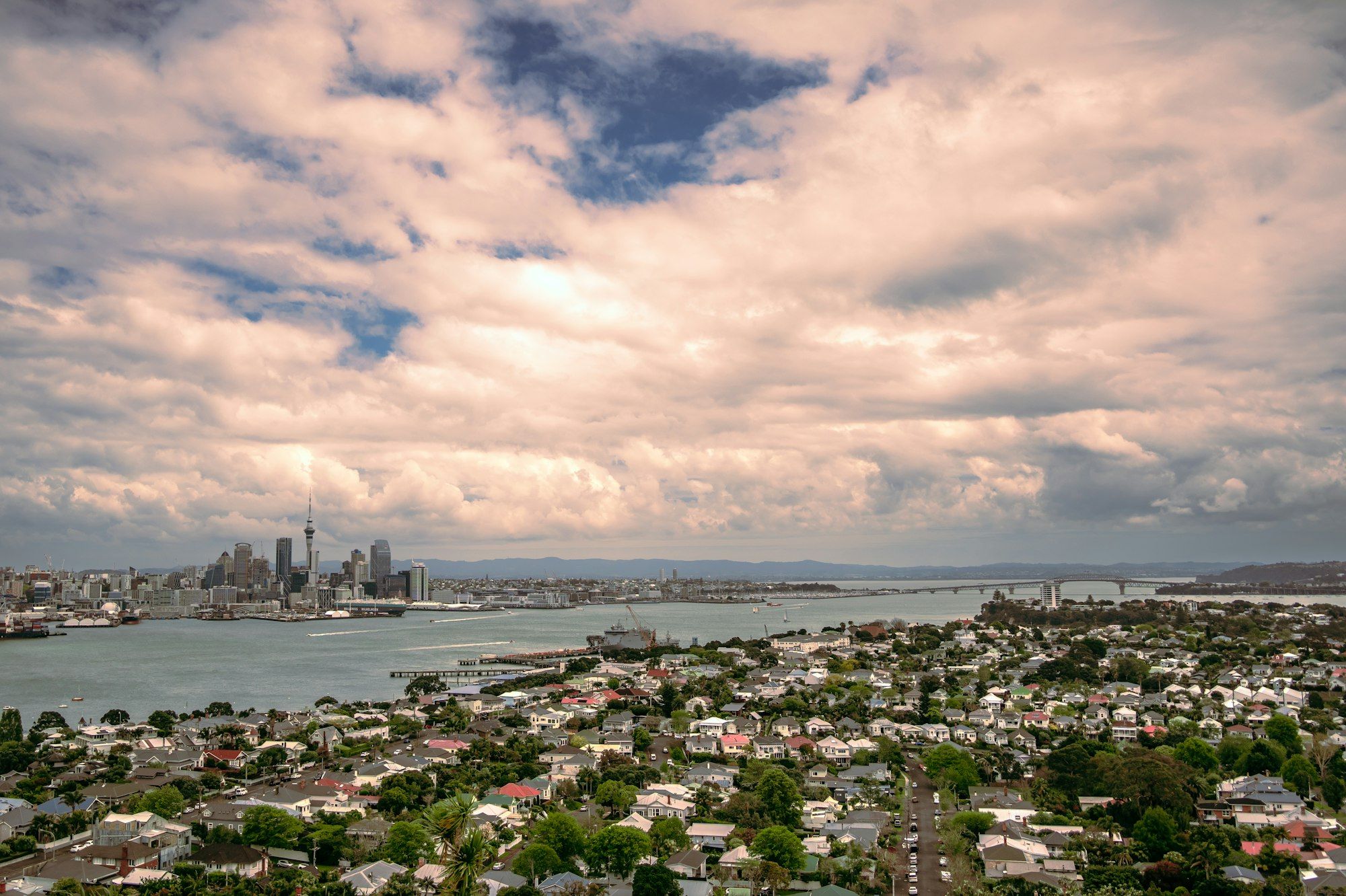 Auckland city and the Harbour Bridge across the harbour